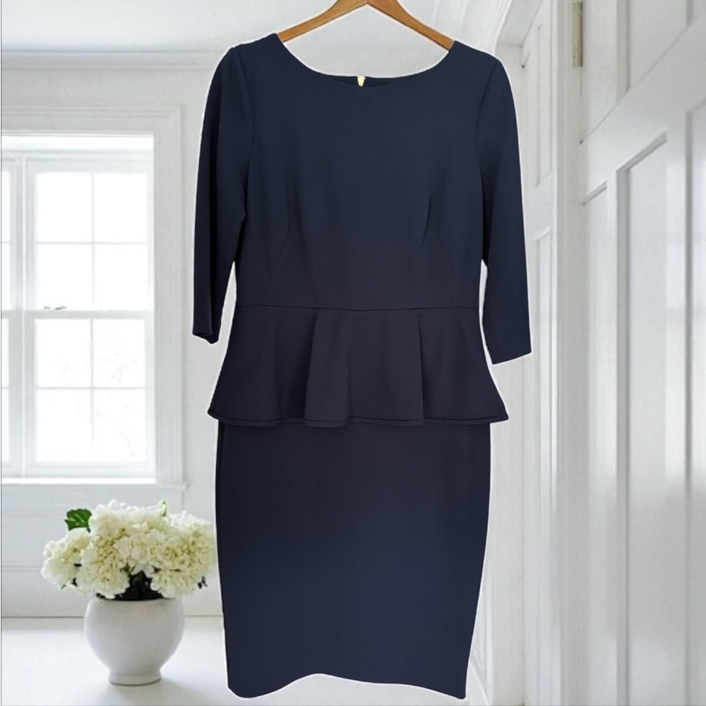 LIKE NEW Calvin Klein Midnight Blue Peplum Dress with Gold Zipper - Picture 4 of 13